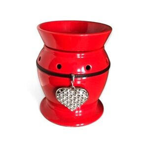 Scentsy Red Ceramic Wax Warmer with Silver Jeweled‎ Heart Pendant "Be Mine"